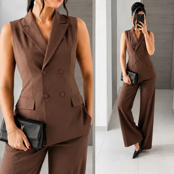 Conjunto Alfaiataria Transpassado Feminino Colete Longo Social Calça Pantalona Elegante Moda Executiva Premium Inverno