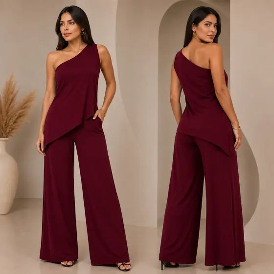Conjunto Feminino Uma Alça Social Nula Manga Duna Elegante Blusa Assimétrico Mula Manca e Calça Pantalona Outono Inverno