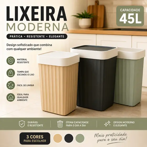 Lixeira Grande Resistente 45 Litros Com Compartimento Para Sacos de Lixo