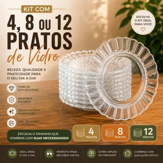Kit Pratos de Vidro Transparente 4, 8 ou 12 Unidades – Design Premium para Servir