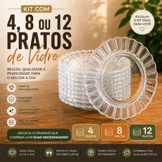 Kit Pratos de Vidro Transparente 4, 8 ou 12 Unidades – Design Premium para Servir