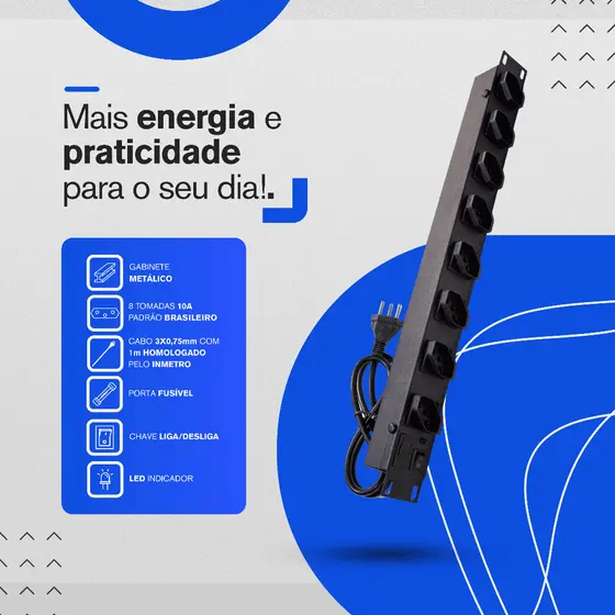 Regua rack 19" Filtro de Linha Com Liga/Desliga porta fusivel contra surtos e curtos 8 tomadas 10A