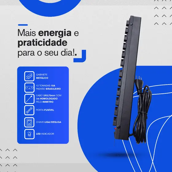 Filtro Linha Regua Rack19" 12 Tomadas 10A 2P+T 3 Metros Tomadas Eletricas Energia Bivolt
