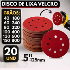 Kit 20 Disco Lixa com Velcro Circular 125mm 8 Furos para Ferro Metal Madeira Lixadeira Politriz Rokit Roto Orbital