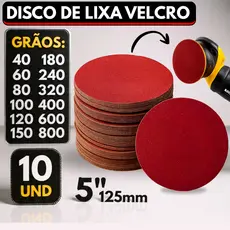 Kit 10 Disco Lixa Velcro Sem Furos Roto Orbital Lixadeira para Ferro, Metal, Massa e Madeira 125mm