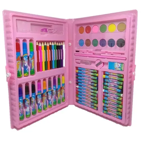 Estojo Maleta Escolar 68 Pçs Cor Rosa C/ Canetinha E Lapis