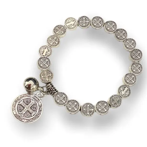 Pulseira Elástica Metal Medalhas Prateada São Bento