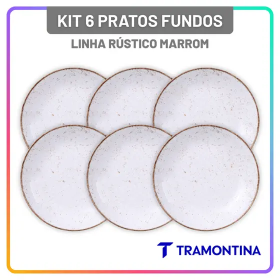 Jogo Pratos Fundos 22 cm Tramontina Rústico Porcelana 6 Peças