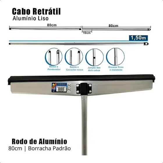 Rodo Alumínio 80cm Cabo Retrátil extensor 1,50 Limpeza pesada