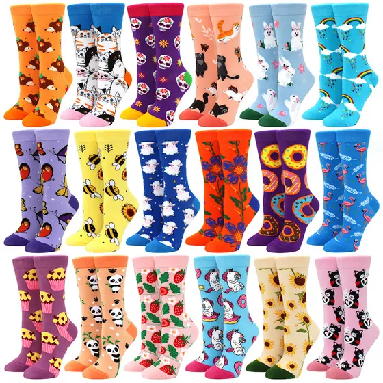 1 Par Meias Kawaii Mulher Feliz Engraçadas Frutas Harajuku Candy Cores Médias Casuais Tripulação Tamanho 36-44 Curtas