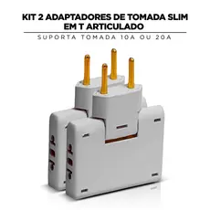 Kit 2 Adaptadores de Tomada Slim em T Articulado 10A e 20A com 3 Entradas Bivolt