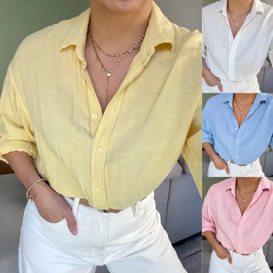 Camisa Social Alfaiataria Feminina de Linho verao 2026 Elegante Algodao