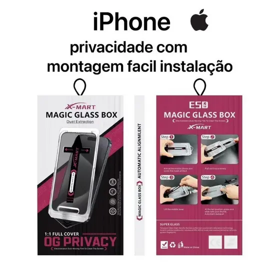 Pelicula Magica de Vidro 3D Privacidade com Montagem iPhone XS XsMax XR 11 12 13 14 15 16 17 Pro Max
