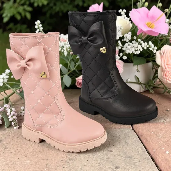 Bota para Menina Confortável Infantil Matelassê Cano Longo Laço Lateral Leleke Baby