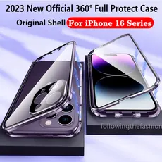 Para iPhone 16 Pro Max iPhone16 Plus 16Pro Promax 5G 2024 Capa De Telefone 360 ° Metal Magnético À Prova De Choque Full Surround HD Vidro Temperado Proteção Da Lente Câmera Tampa Flip Lock