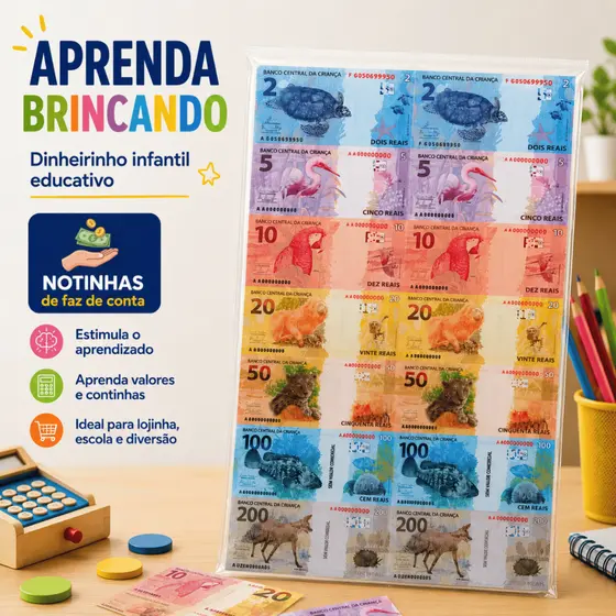 Dinheirinho Infantil Educativo até 280 Notas De Brincadeira Faz De Conta Lojinha Mercado Escola