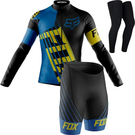 Conjunto Ciclismo Fox Camisa Manga Longa Bermuda Gel Pernito