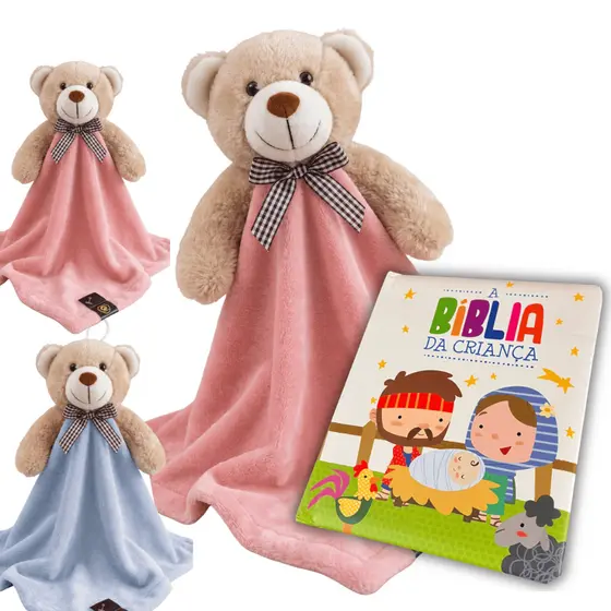 KIT Naninha para Bebê + A Bíblia da Criança Antialergica Pelúcia Cristã Presente Premium Macia