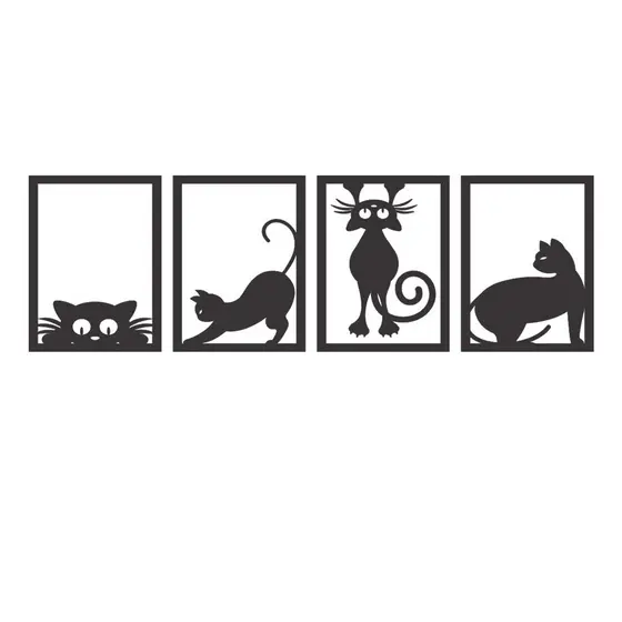 4 Quadros Decorativos Kit Gatinhos MDF Preto Fosco