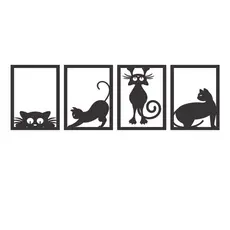 4 Quadros Decorativos Kit Gatinhos MDF Preto Fosco