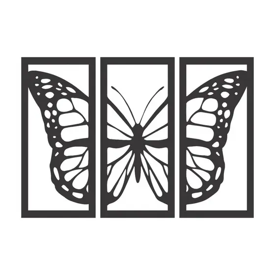 Trio de Quadros Decorativo Borboleta  MDF Preto Fosco
