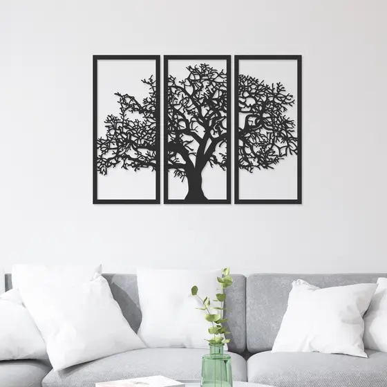 Trio de Quadros Decorativos Árvore da Vida MDF Preto Fosco