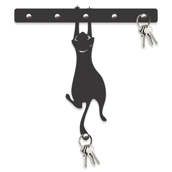 Porta Chaves Gato Pendurado MDF Preto Fosco