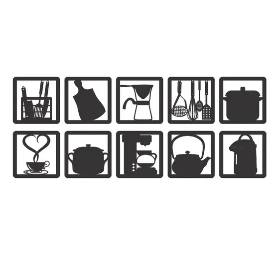 Kit 10 Quadros Decorativos Utensilios de Cozinha MDF Preto Fosco