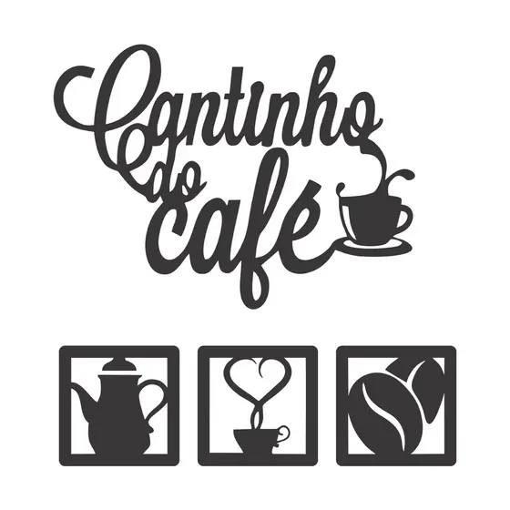 Kit 4 Peças Cantinho do Café Preto Fosco 30cm Decoração de Cozinha Mdf 3mm C/Dupla Face