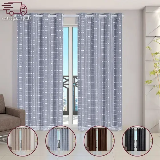Cortina Blackout Cinza com Voil Xadrez Diferentes Tamanhos