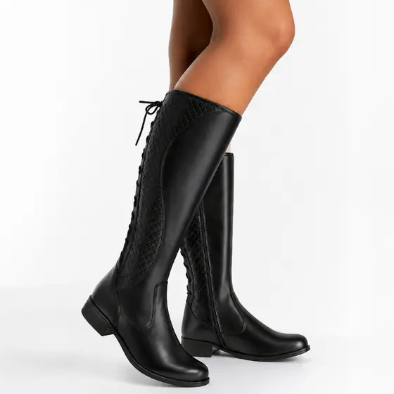Bota Feminina Montaria Rodeio Zíper Calce Fácil Meia Panturrilha Amarração Bico Redondo Sola Borracha Confortável Vegana