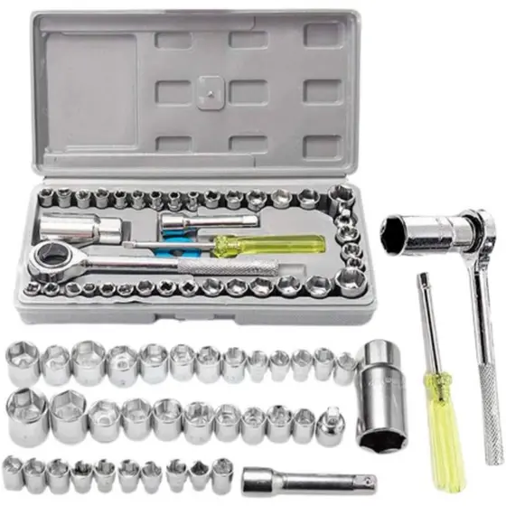 Jogo de Chave Catraca Reversível Kit de Ferramentas com Soquetes Sextavados 40 Peças Maleta Reparo de Moto Bicicleta Car