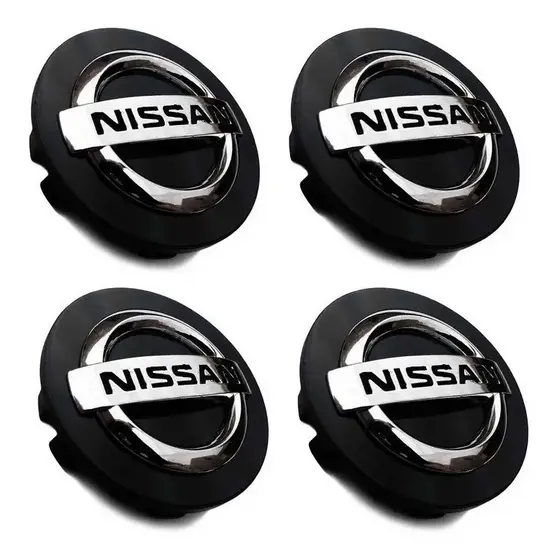 Kit 04 Calotinha Miolo Centro Tampa Roda Nissan Preto Com Boton Cromado