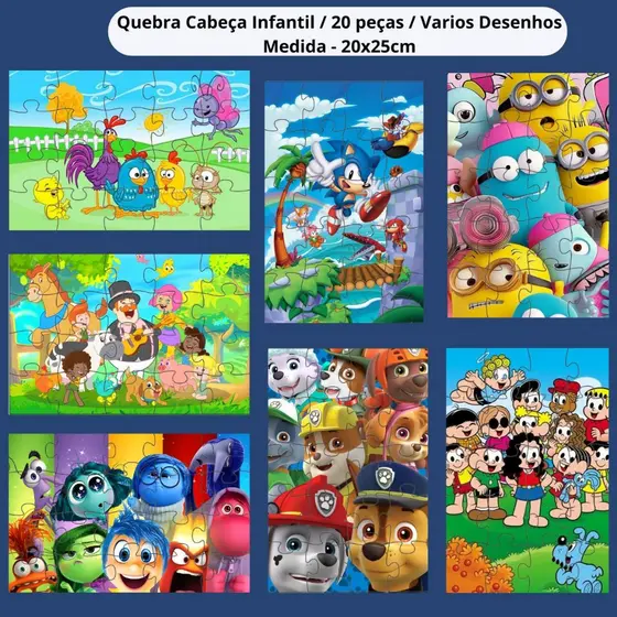 Quebra Cabeça Infantil 20 Peças Grande 20x25cm Feito em madeira MDF Varios Desenhos Jogo Criança