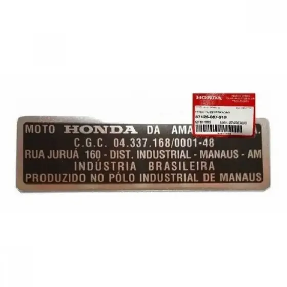 Adesivo Etiqueta Identificação Chassi Xr 250 Tornado Original Honda