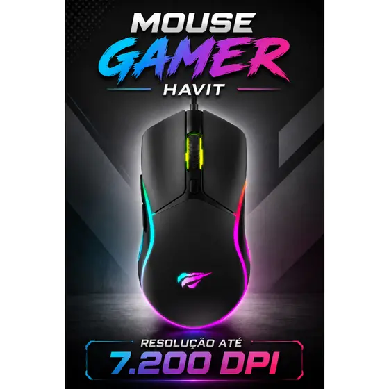 Mouse Gamer Professional Havit MS1029, RGB, 7200 DPI, 6 Botões