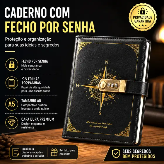 Caderno/diário estilo bússola com cadeado de combinação ajustável