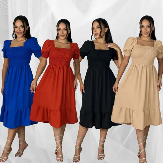 kit 4 Vestidos Midi Moda Evangélica Babado Lastéx Manga Princesa Casual Fardamento Soltinho Inverno