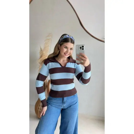 Blusa Feminina Tricot/Tricô Modal Premium Listrada Gola Polo Moda blogueira Inverno - LANÇAMENTO NOVAS CORES