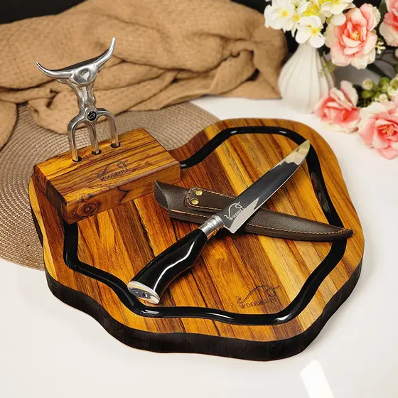 Kit para Churrasco Completo Tábua Garfo Tridente Faca 7" polegadas Dia dos Pais Presente Natal