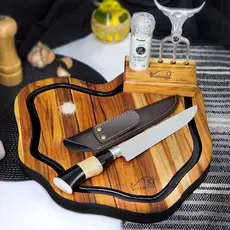 Kit Churrasco Completo com Tábua de Corte Garfo Tridente Faca Moedor de Temperos