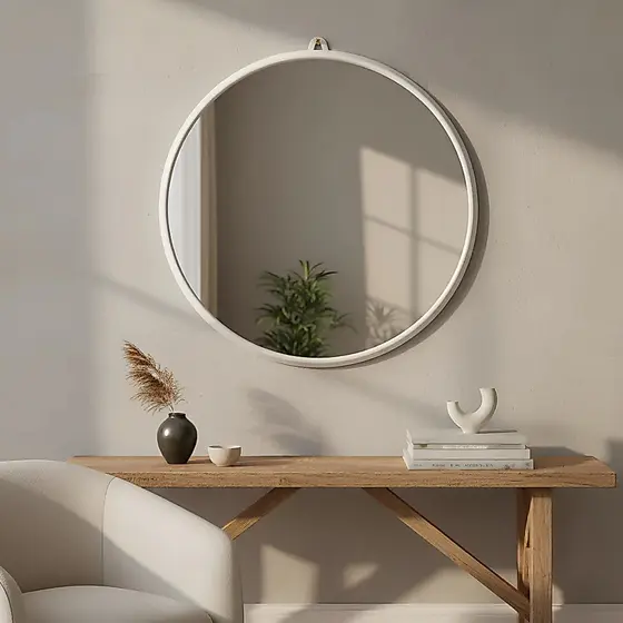 Espelho Redondo Vidro 30cm Com Moldura Branca E Suporte