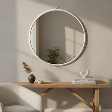 Espelho Redondo Vidro 30cm Com Moldura Branca E Suporte