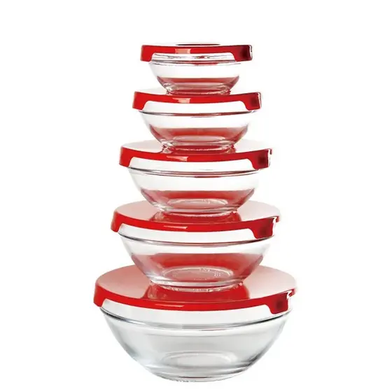 Kit 5 Tigelas de Vidro Redondas com Tampas Vermelhas Herméticas Potes para Cozinha e Armazenamento