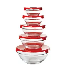 Kit 5 Tigelas de Vidro Redondas com Tampas Vermelhas Herméticas Potes para Cozinha e Armazenamento