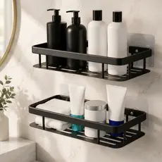 Kit  Suporte Prateleira Banheiro Adesivo Parede Preto Organizador Porta Shampoo Aço Inoxidável