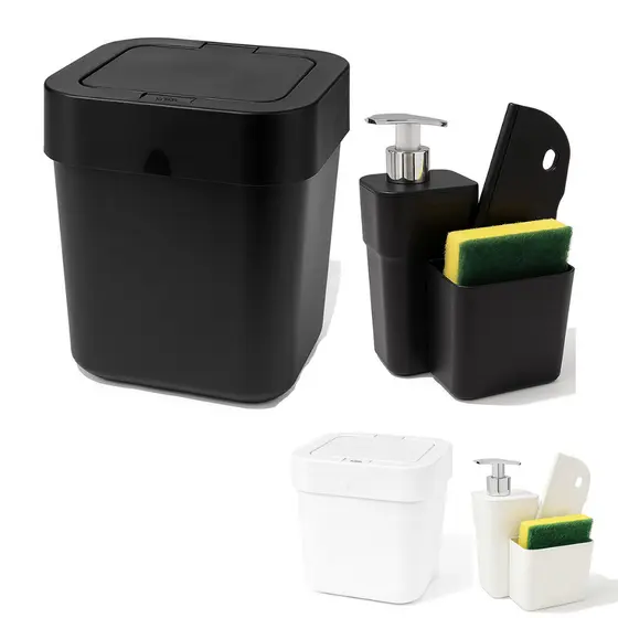 Kit Lixeira de Cozinha 4 Litros com Porta Detergente Dispenser com Rodinho