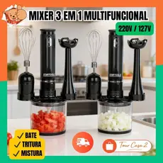 Mixer 3 em 1 Turbo de Mão + Mini Processador + Batedor Fouet Inox Multifuncional Cozinha Prático Rápido Receita