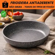 Frigideira Antiaderente de Alumínio Revestimento Cerâmico Premium Funda Cabo Madeira Não Gruda 24 cm