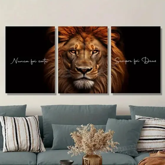 kit quadro decorativo mdf leao frases nunca foi sorte sempre foi deus